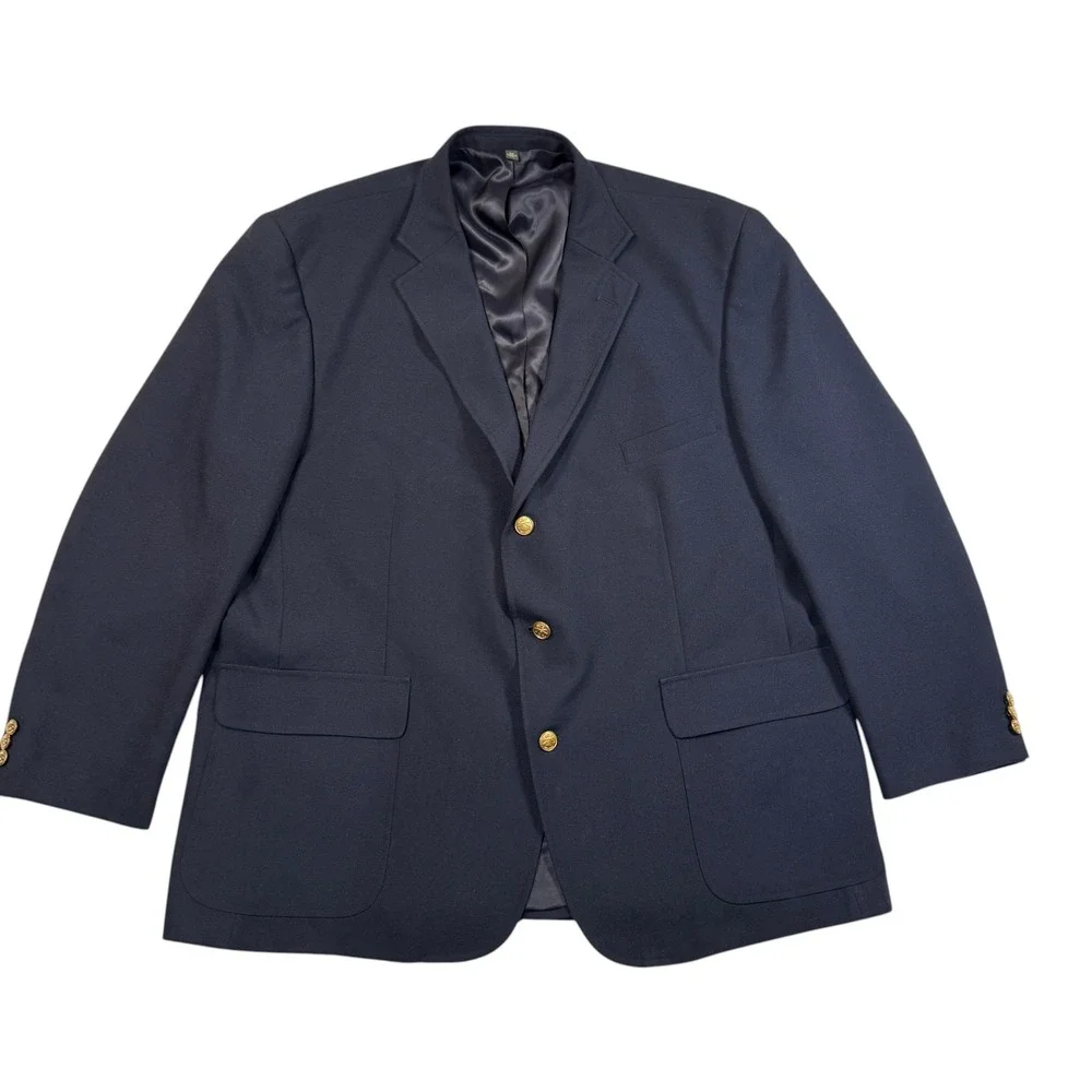 Orvis Mens Navy Blue Wool Blend 3-Button Blazer‎ Sport Coat 50R USA Gold Buttons